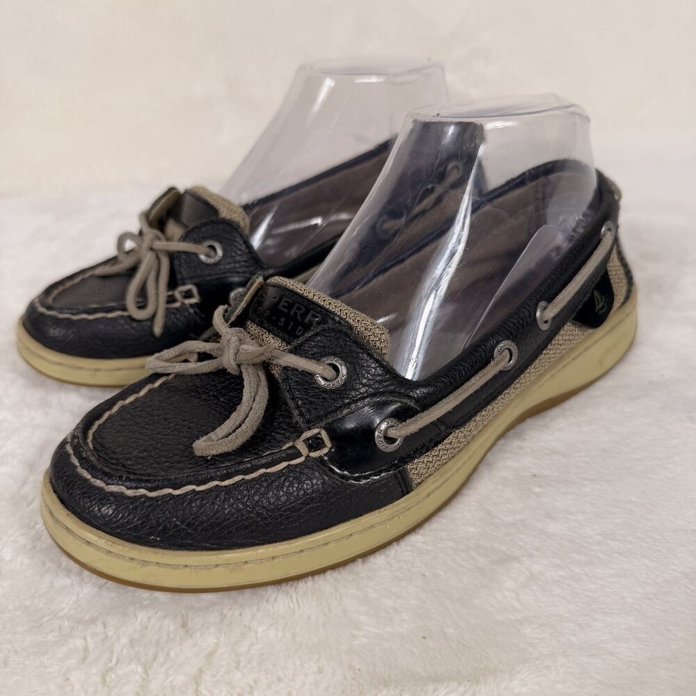 Sperry Top-Sider Women’s Boat Shoes Black Leather Tan Canvas Size 7M